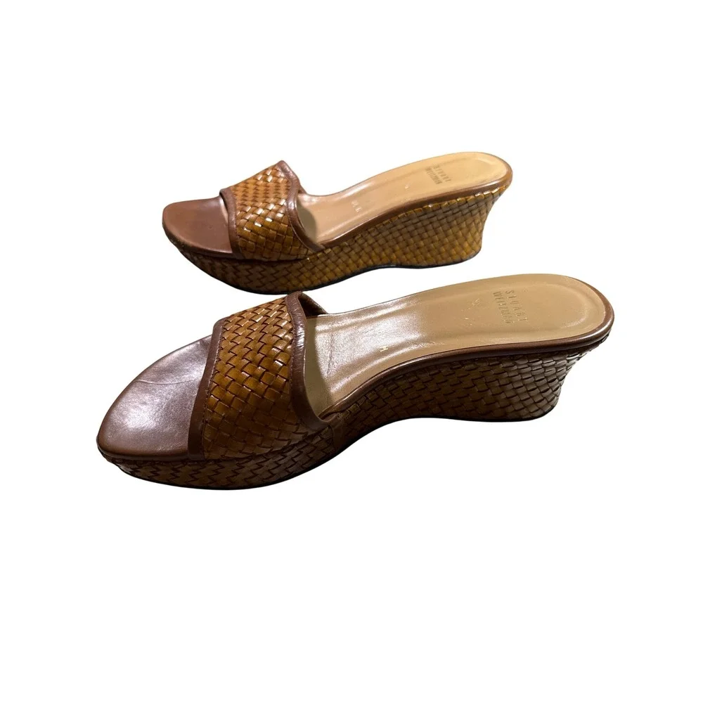 Stuart Weitzman Brown Woven Leather Platform Wedge Sandals Slides Womens 8.5 M